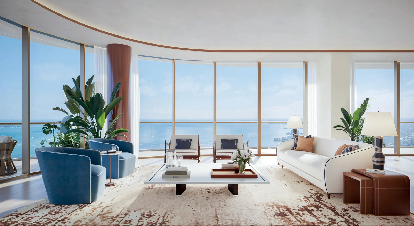 Representaci&oacute;n conceptual del artista de un gran sal&oacute;n en Cipriani Residences Miami, con &aacute;reas sociales que se curvan a lo largo de la fachada de vidrio bajo techos de hasta 10 pies
