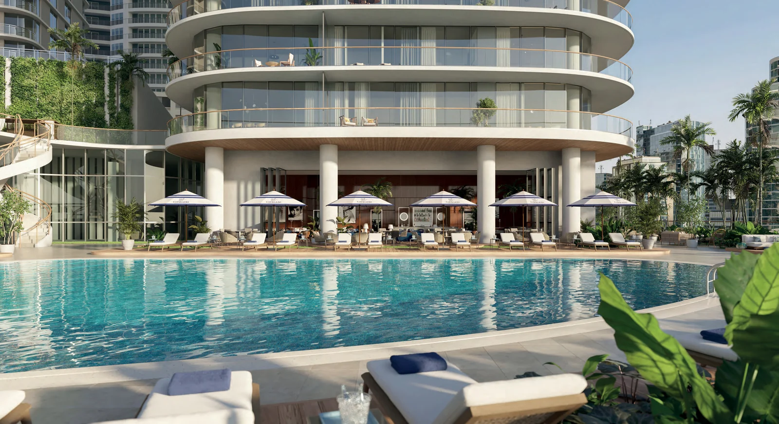 Representaci&oacute;n conceptual del artista de la terraza resort elevada en Cipriani Residences Miami, con caba&ntilde;as, camastros y terraza ajardinada junto a dos piscinas