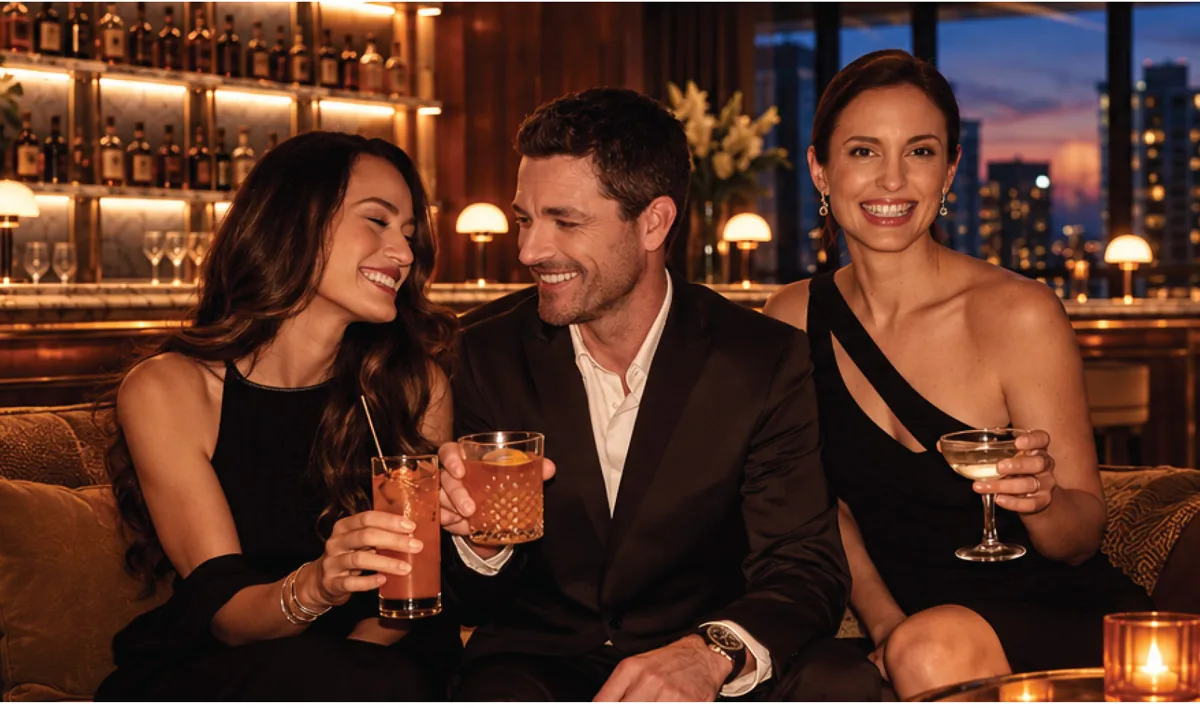 Imagen ilustrativa de estilo de vida: tres personas con ropa de noche comparten cócteles en un banco tapizado de un salón con luz tenue, estanterías retroiluminadas y vista a la ciudad.