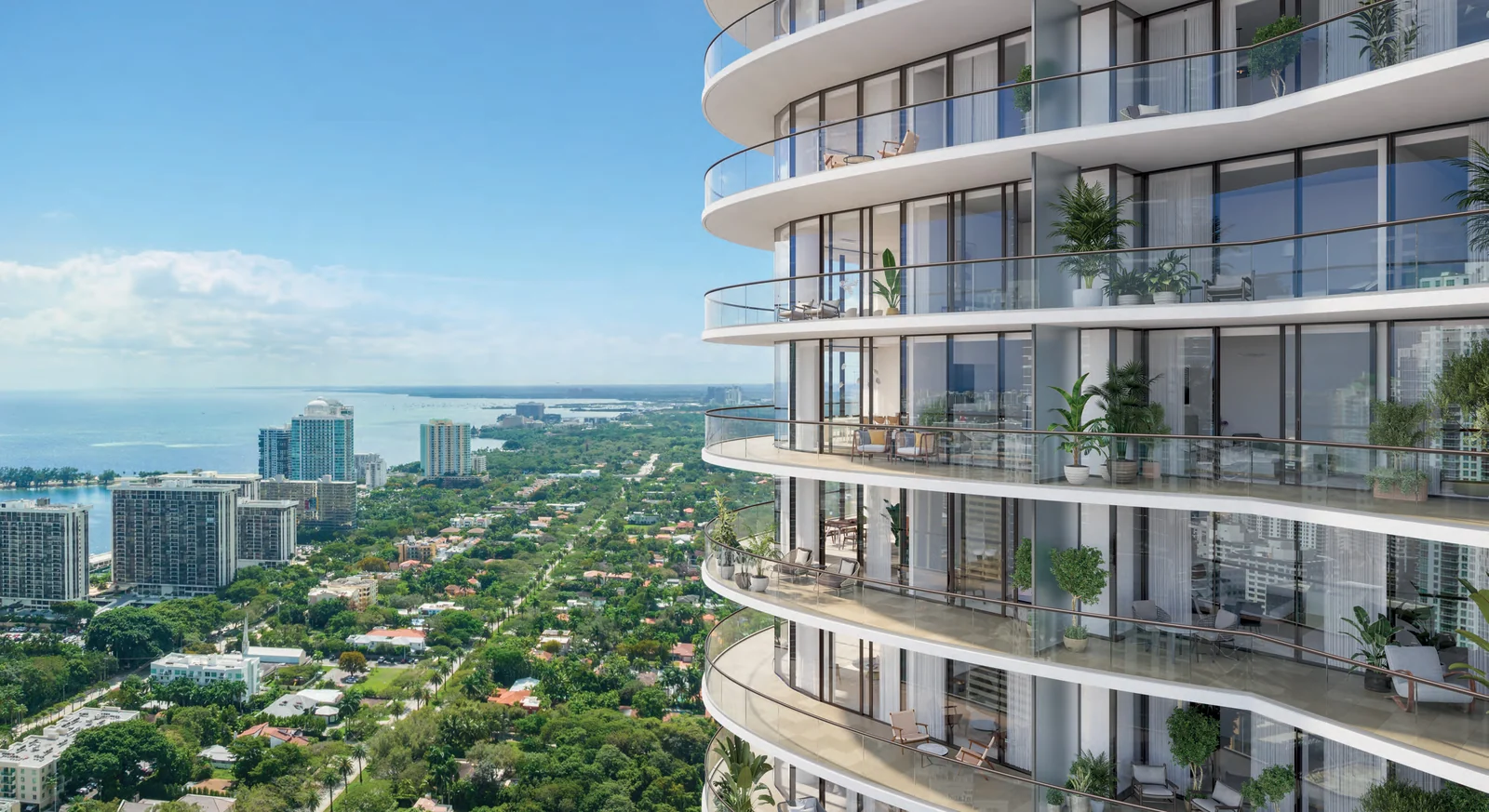 Representaci&oacute;n conceptual del artista de las terrazas residenciales en Cipriani Residences Miami, con acristalamiento de piso a techo y barandas de vidrio que enmarcan vistas a la bah&iacute;a de Biscayne y al perfil de Brickell