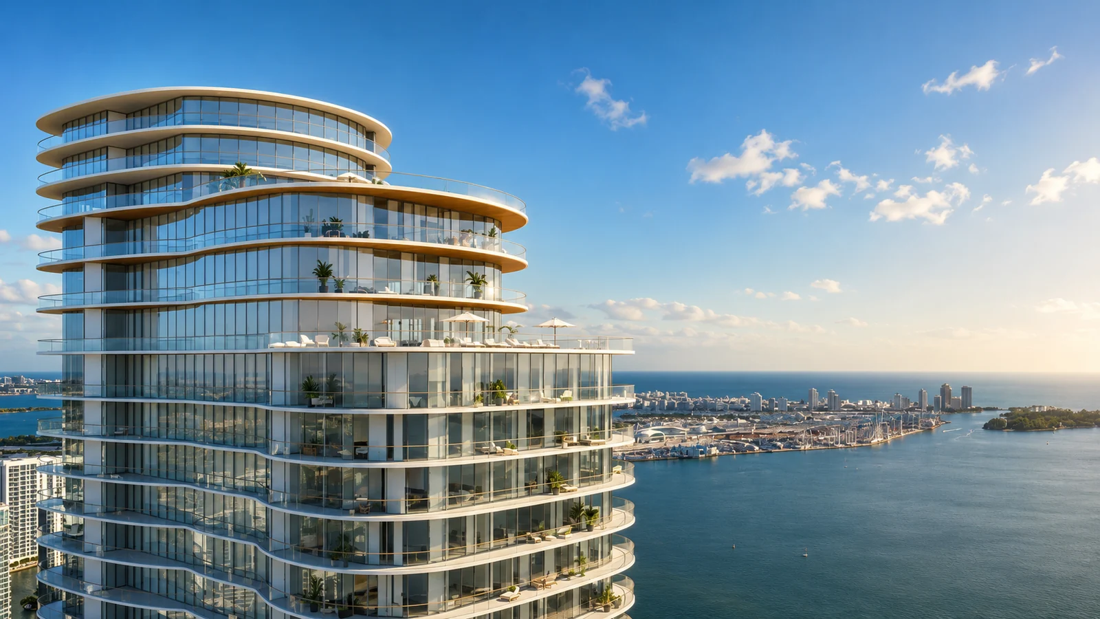 Representaci&oacute;n conceptual del artista de la torre Cipriani Residences Miami en Brickell, con vista a la bah&iacute;a de Biscayne