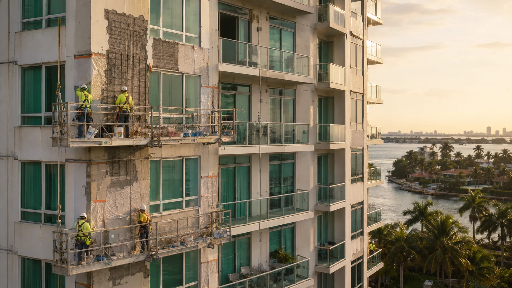 Trabajadores en plataformas suspendidas realizando restauraci&oacute;n de concreto en la fachada de una torre de condominios frente al agua