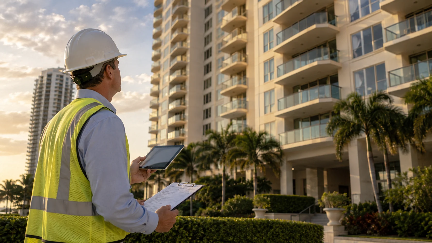 Un inspector con tableta y portapapeles revisando el exterior de un edificio de condominios en Florida