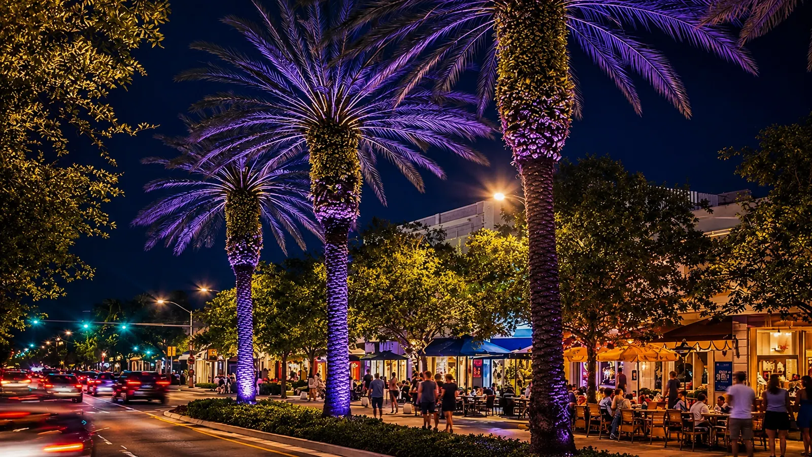 Palmeras iluminadas, cena al aire libre y peatones a lo largo de Miracle Mile en Coral Gables, Miami, Florida, de noche
