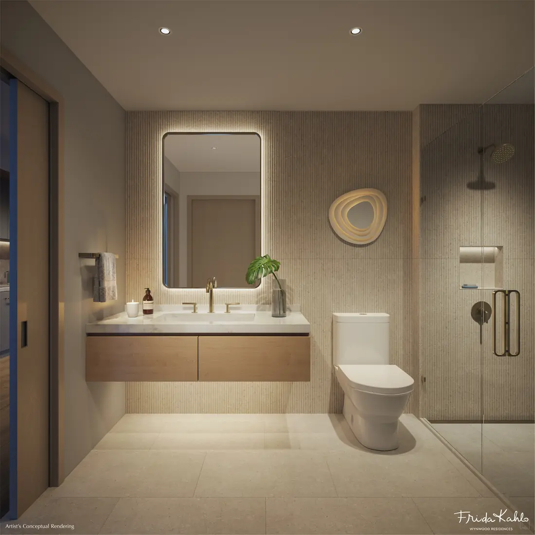 Artist's conceptual rendering of a bathroom at Frida Kahlo Wynwood Residences with custom cabinetry