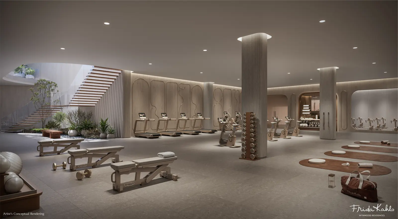 Artist's conceptual rendering of the fitness studio at Frida Kahlo Wynwood Residences with a mirrored wall and training equipment