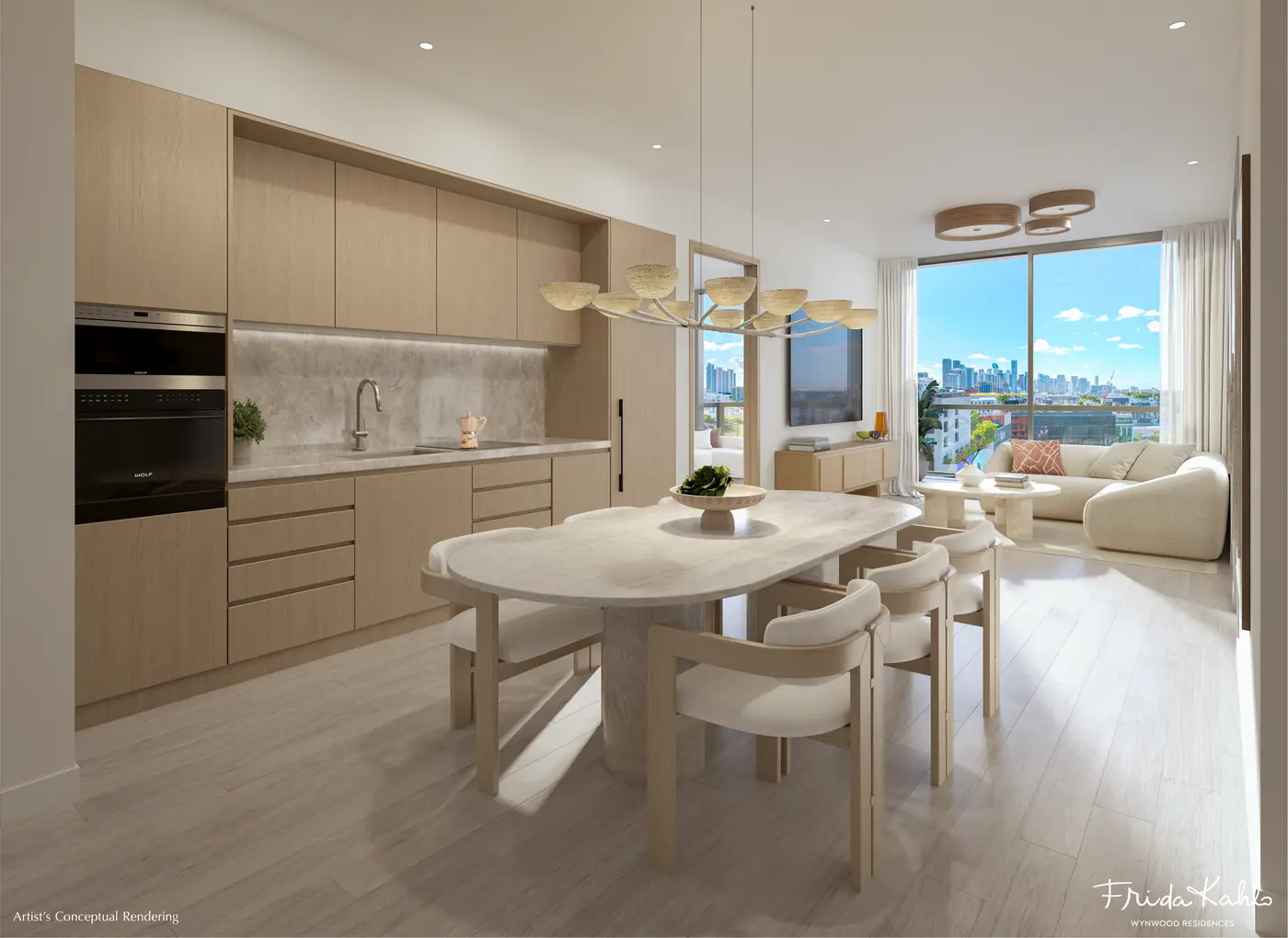 Artist's conceptual rendering of a fully integrated kitchen at Frida Kahlo Wynwood Residences with custom countertops, backsplash and under-mount sink