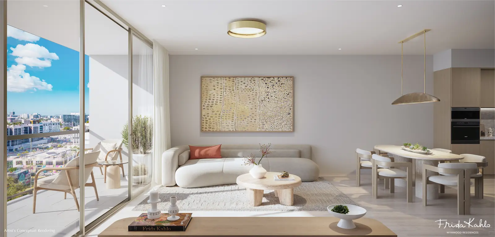 Artist's conceptual rendering of a living room at Frida Kahlo Wynwood Residences with floor-to-ceiling glazing