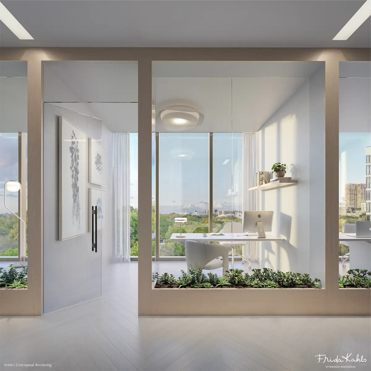 Artist's conceptual rendering of a glass-enclosed private office suite at Frida Kahlo Wynwood Residences with a desk, chair and planted border
