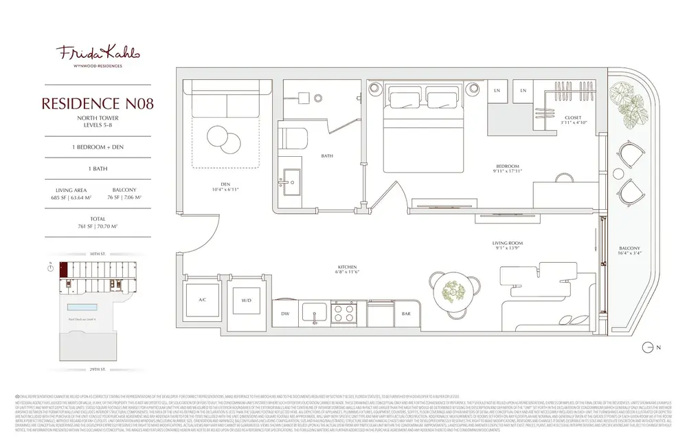 Developer floor plan for RESIDENCE N08 at Frida Kahlo Wynwood Residences, a 1 bedroom + den in the north tower