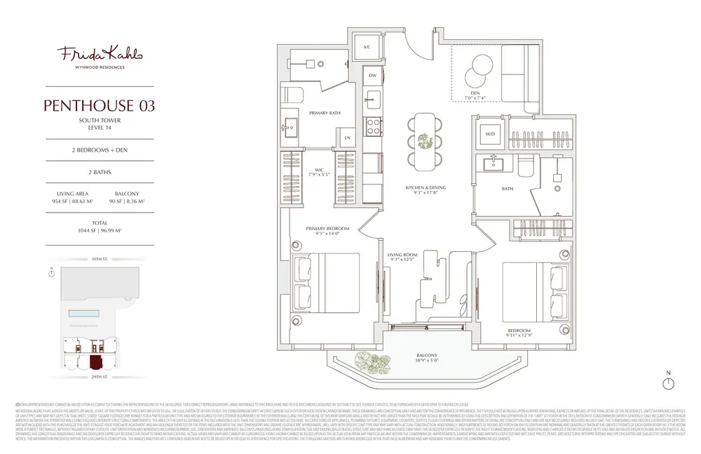 Developer floor plan for PENTHOUSE 03 at Frida Kahlo Wynwood Residences, a 2 bedrooms + den in the south tower