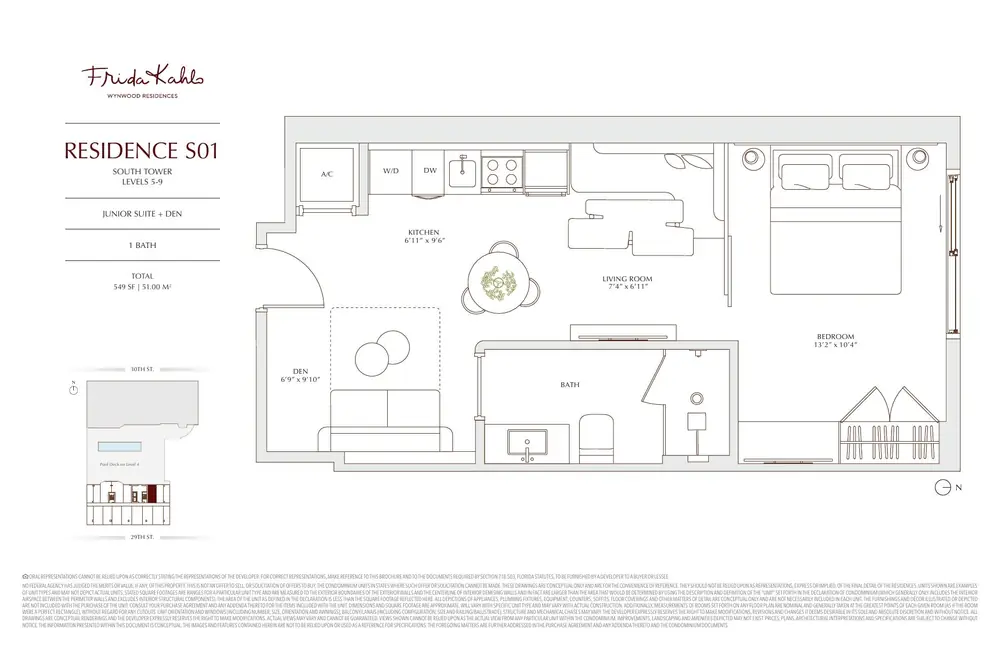 Developer floor plan for RESIDENCE S01 at Frida Kahlo Wynwood Residences, a junior suite + den in the south tower