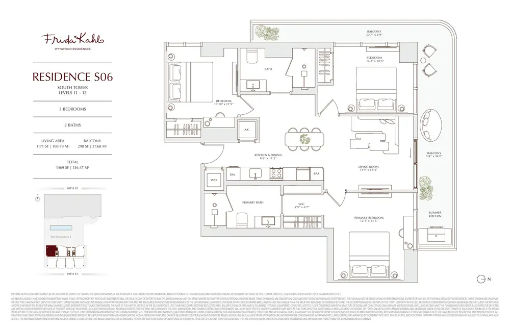 Developer floor plan for RESIDENCE S06 at Frida Kahlo Wynwood Residences, a 3 bedrooms in the south tower