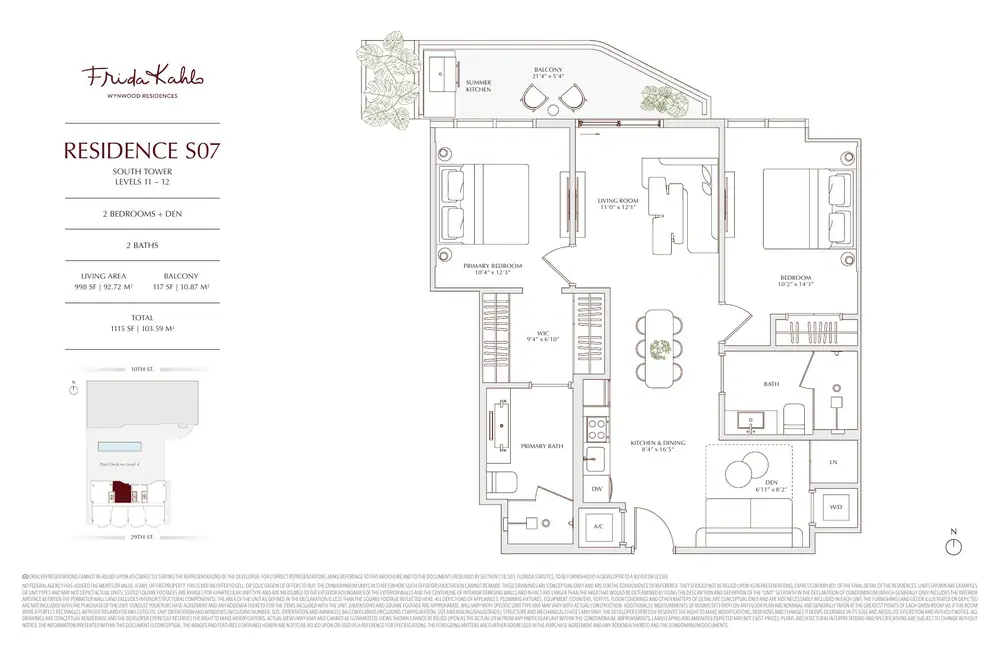 Developer floor plan for RESIDENCE S07 at Frida Kahlo Wynwood Residences, a 2 bedrooms + den in the south tower