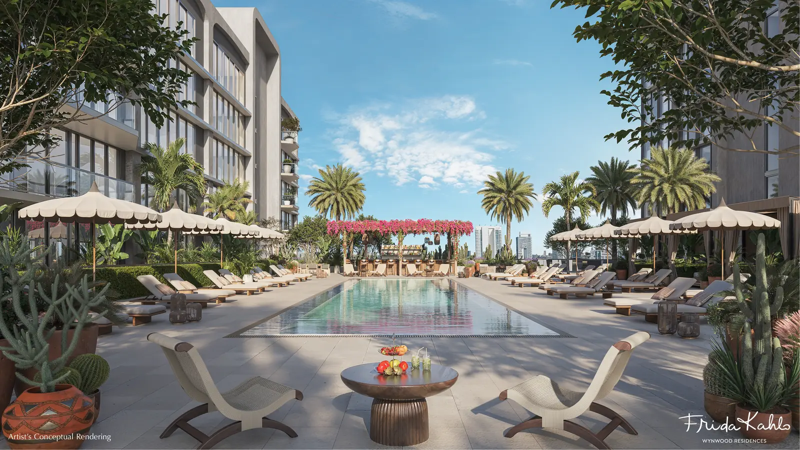 Artist's conceptual rendering of the resort-style pool deck at Frida Kahlo Wynwood Residences with cabanas and a pool bar