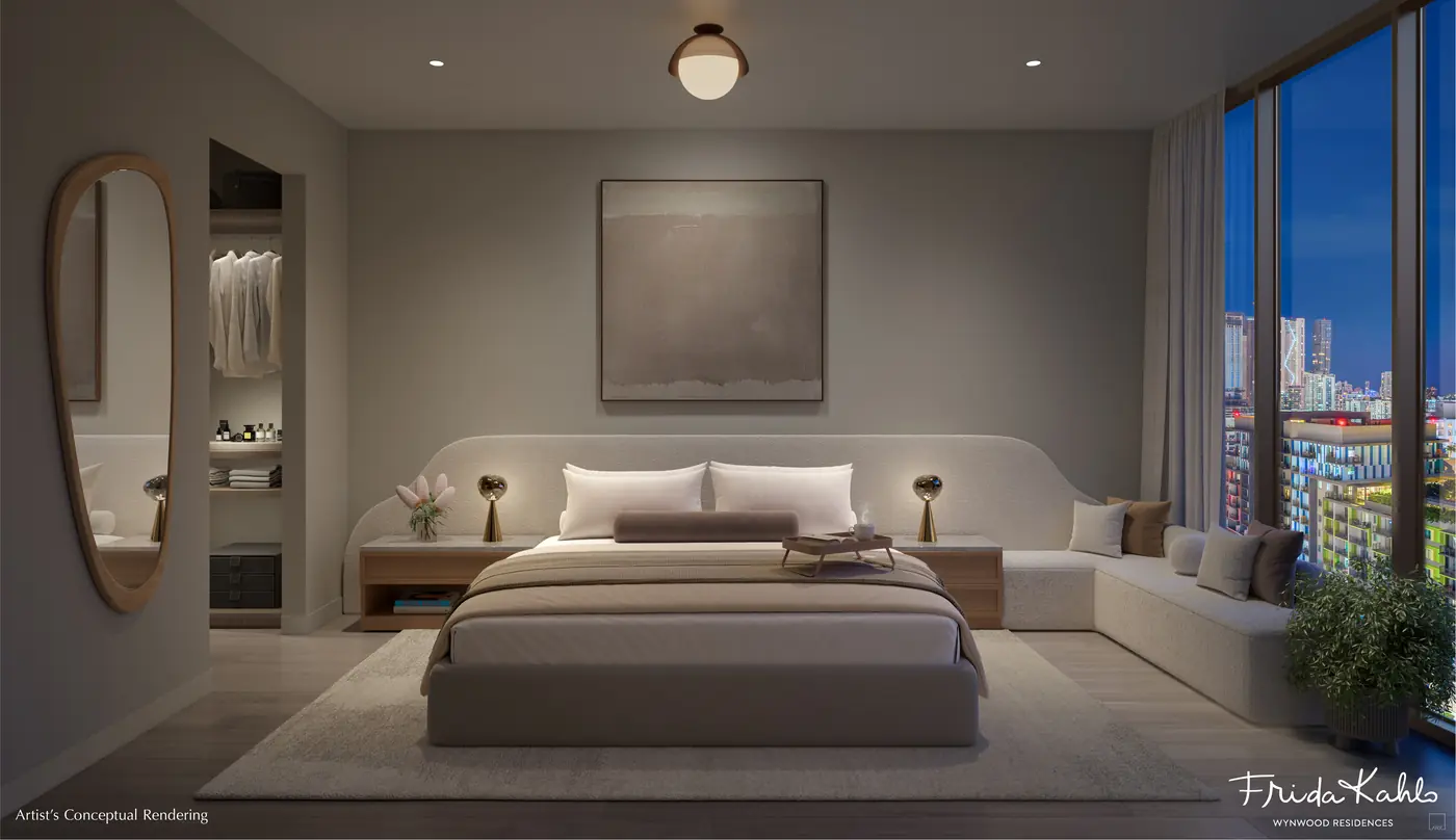 Artist's conceptual rendering of a primary bedroom at Frida Kahlo Wynwood Residences
