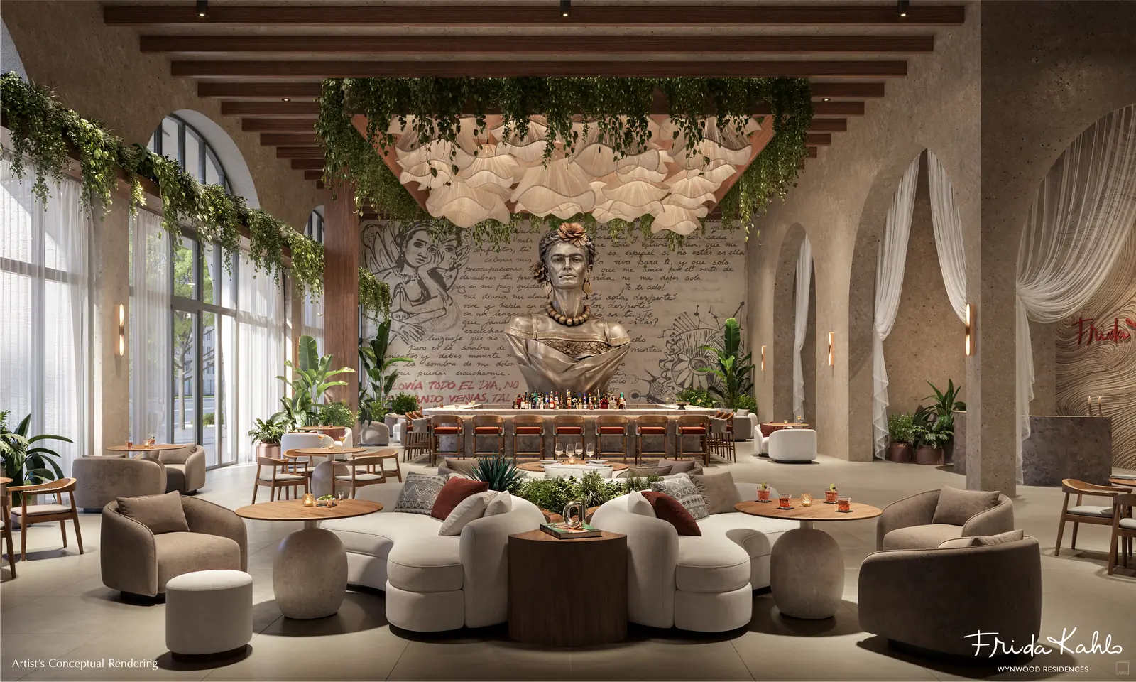Artist's conceptual rendering of the speakeasy-inspired lobby bar at Frida Kahlo Wynwood Residences