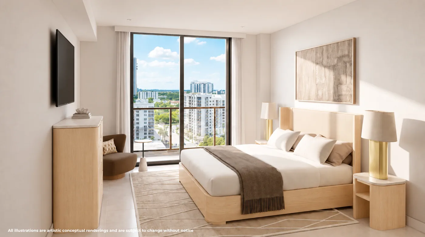 Conceptual rendering of the bedroom in a representative A3R one-bedroom residence at Gaia Residences, showing a built-out closet and floor-to-ceiling glazing