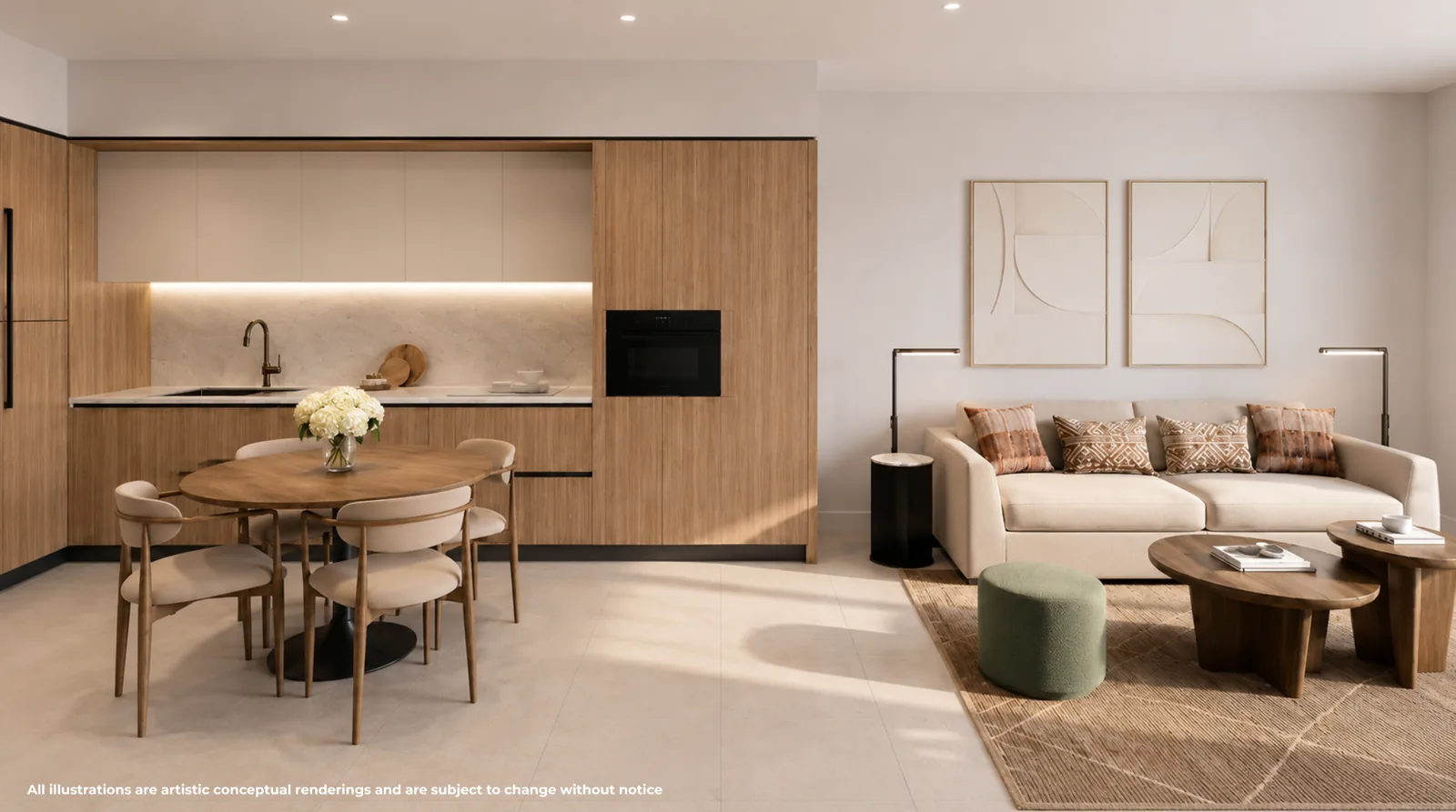 Conceptual rendering of the living and dining area of a representative A3R one-bedroom residence at Gaia Residences, with floor-to-ceiling glazing opening to a private terrace