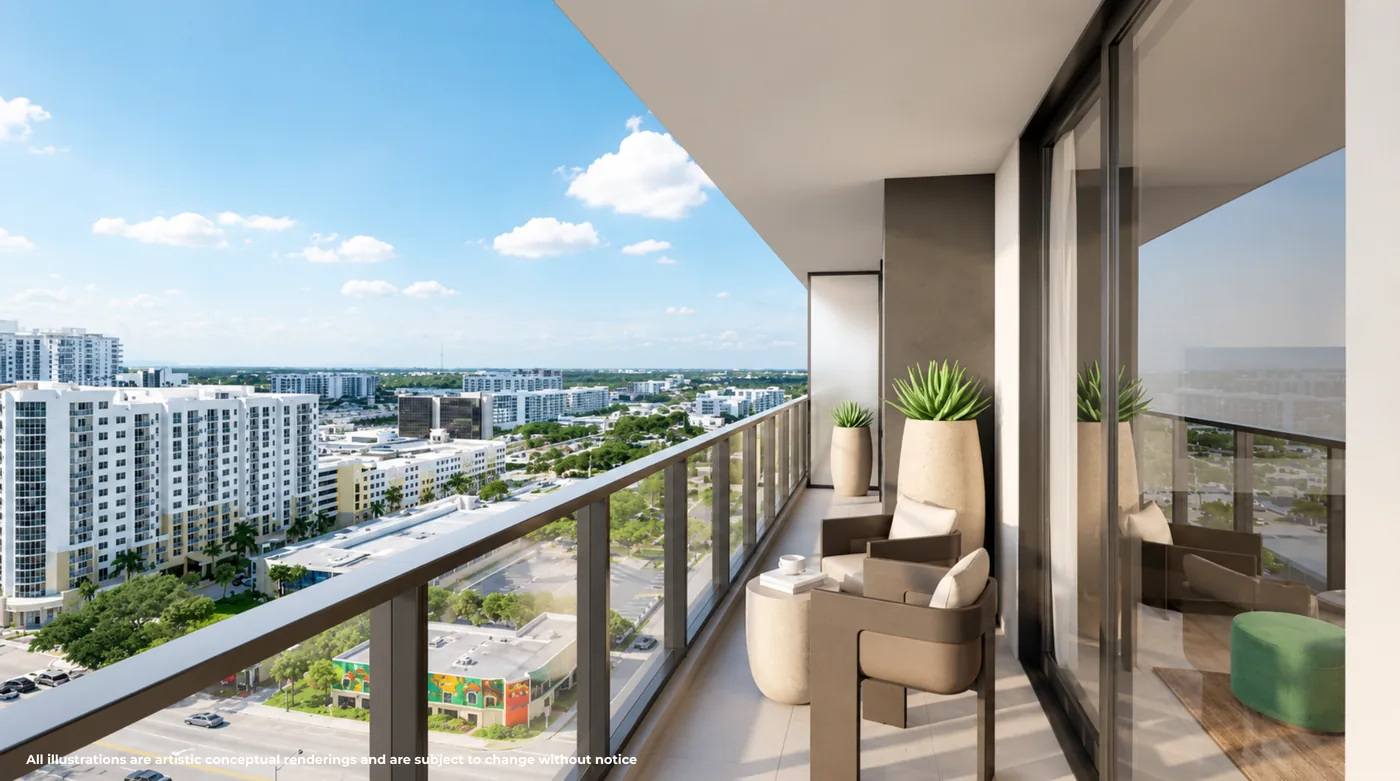 Conceptual rendering of the private terrace of a representative A3R one-bedroom residence at Gaia Residences, looking out over landscaped grounds