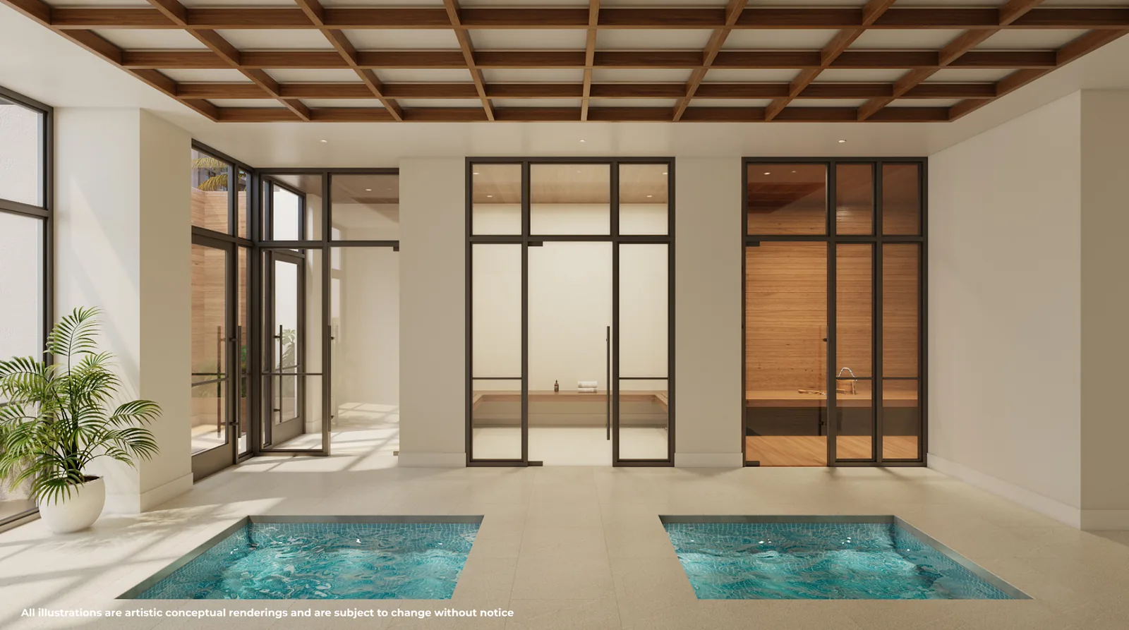 Conceptual rendering of the Aura Wellness Spa plunge pool area at Gaia Residences with natural textures and integrated greenery