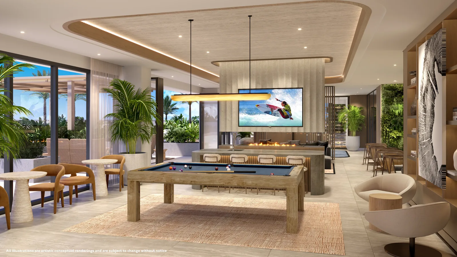 Conceptual rendering of the billiard lounge at Gaia Residences with a full wet bar and banquette seating