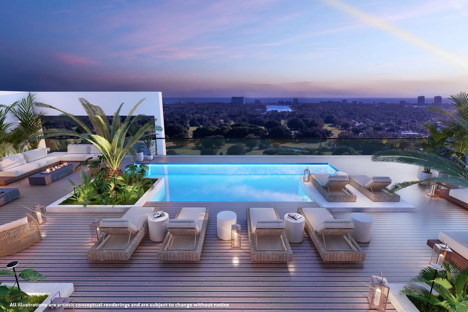 Conceptual rendering of the Constellation Sky Lounge at Gaia Residences with a heated pool spa, wet bar and alfresco dining above the treeline