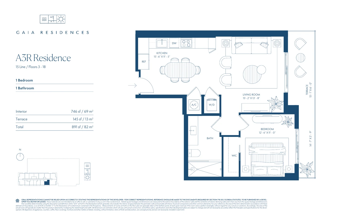 Representative A3R one-bedroom floor plan at Gaia Residences showing kitchen, living room, bedroom, bathroom and terrace