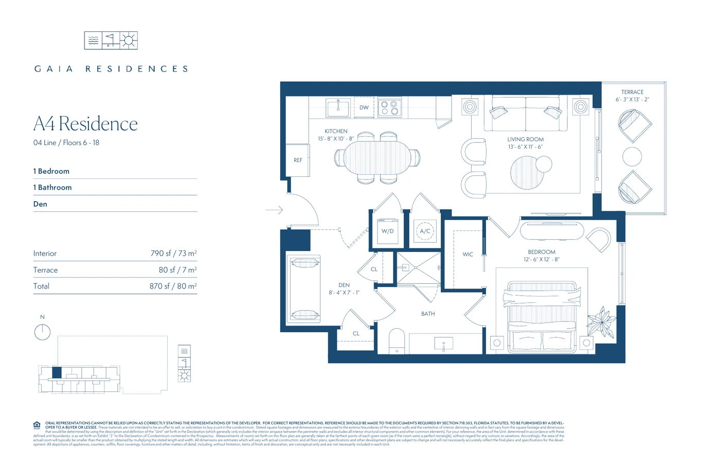 Representative A4 one-bedroom-plus-den floor plan at Gaia Residences showing kitchen, living room, den, bedroom and terrace