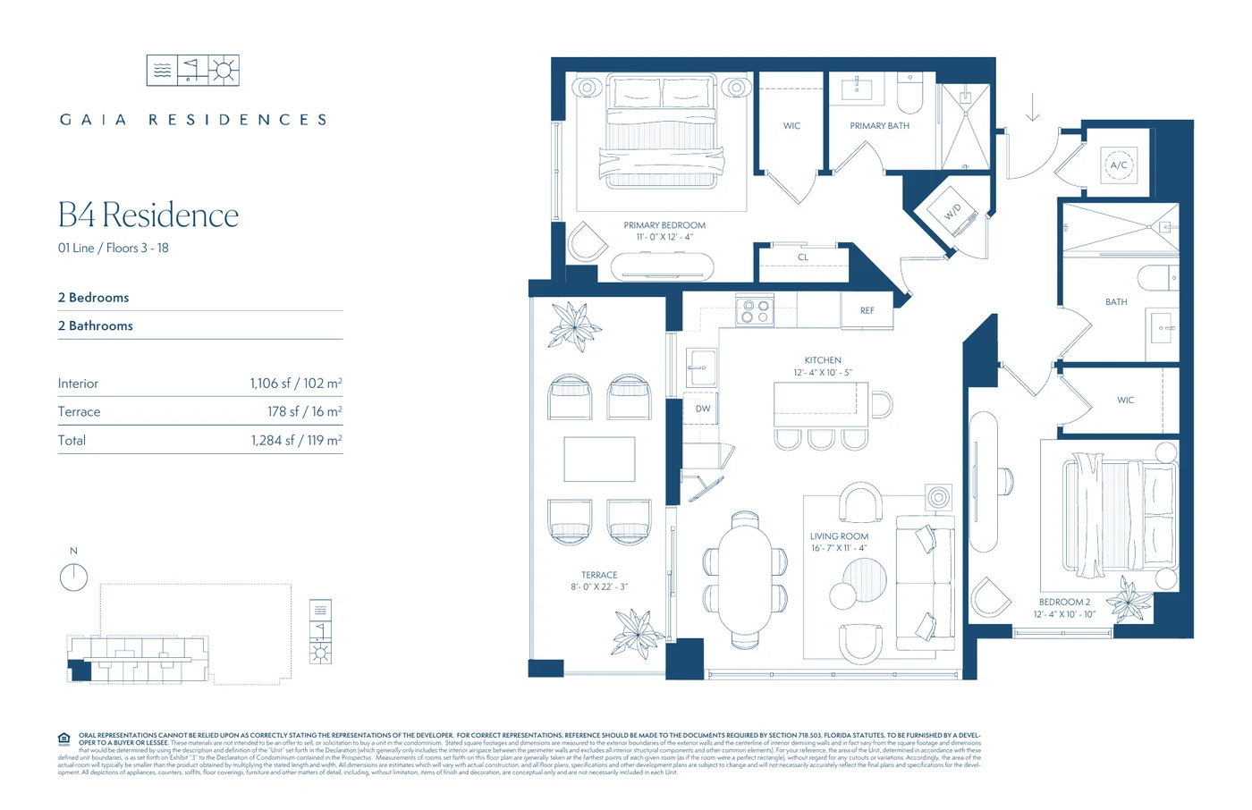 Representative B4 two-bedroom floor plan at Gaia Residences showing two bedrooms, two bathrooms, kitchen, living area and terrace