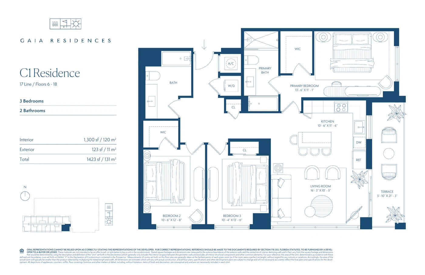 Representative C1 three-bedroom floor plan at Gaia Residences showing three bedrooms, two bathrooms, kitchen, living area and terrace