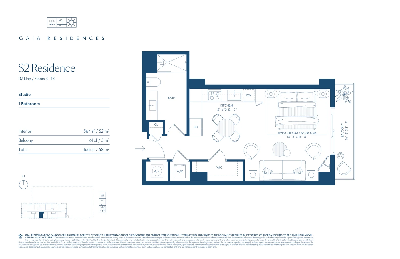 Representative S2 studio floor plan at Gaia Residences showing a combined living and bedroom area, kitchen, bathroom and balcony