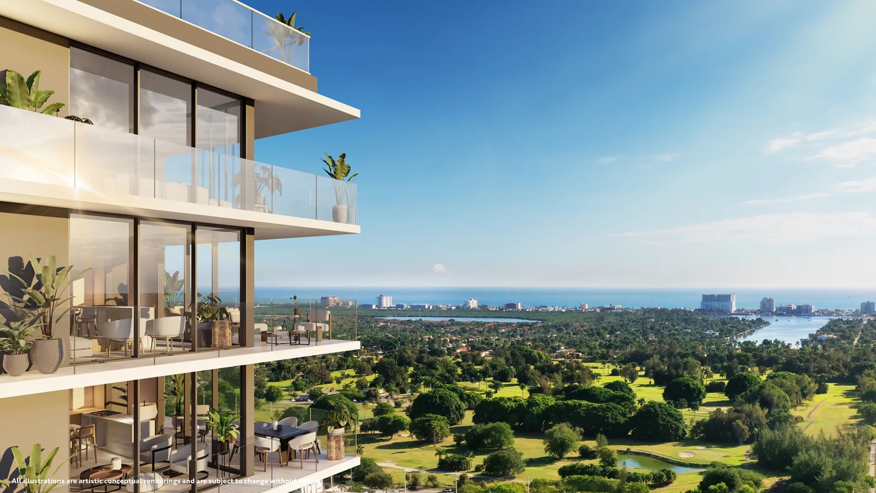 Conceptual rendering of stacked private terraces at Gaia Residences looking east over the fairways of the Hollywood Beach Golf Club toward the Intracoastal Waterway and the Atlantic Ocean
