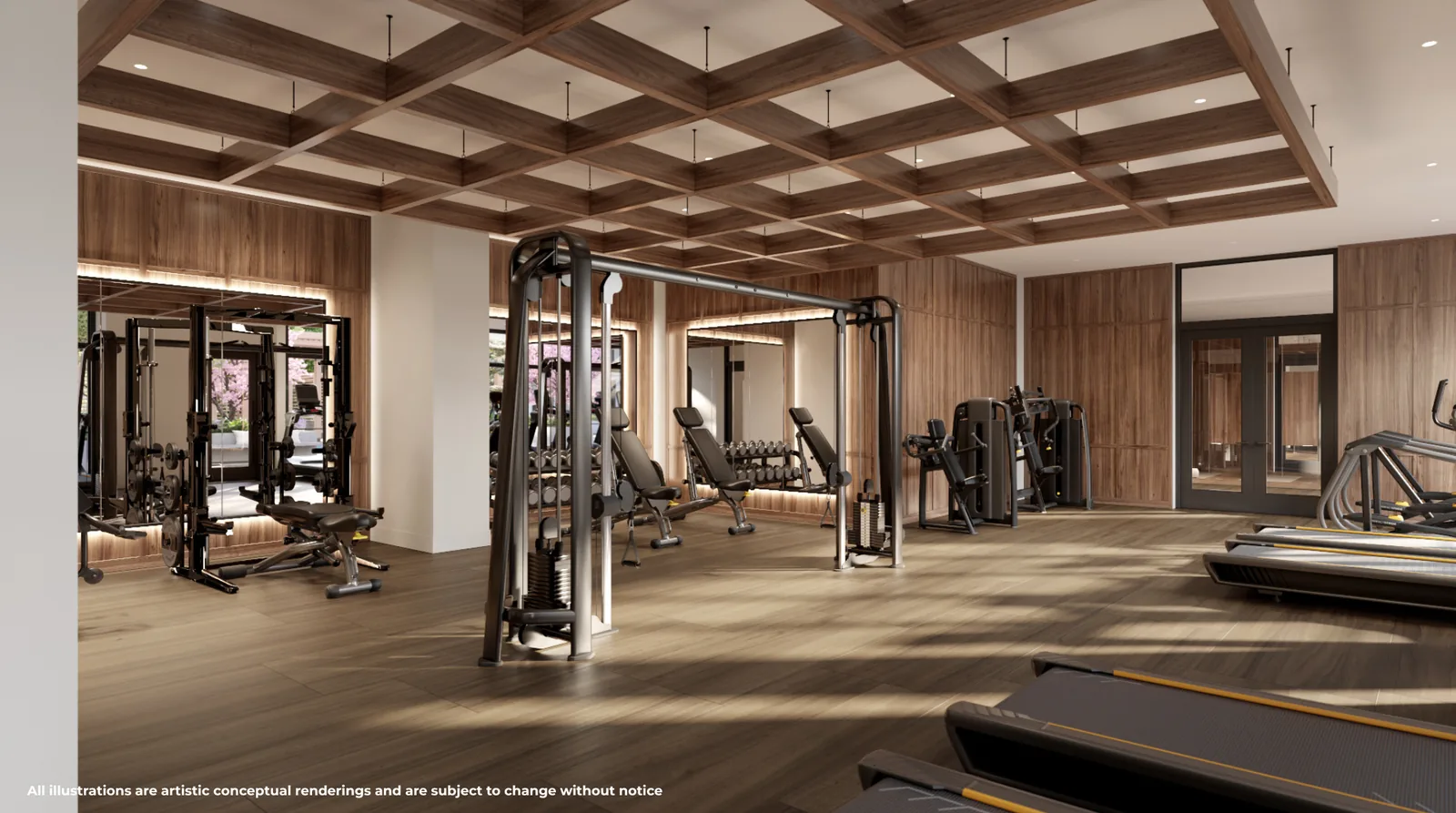 Conceptual rendering of the Gaia Residences health club with strength and cardio equipment and full-height glazing to an outdoor fitness lawn