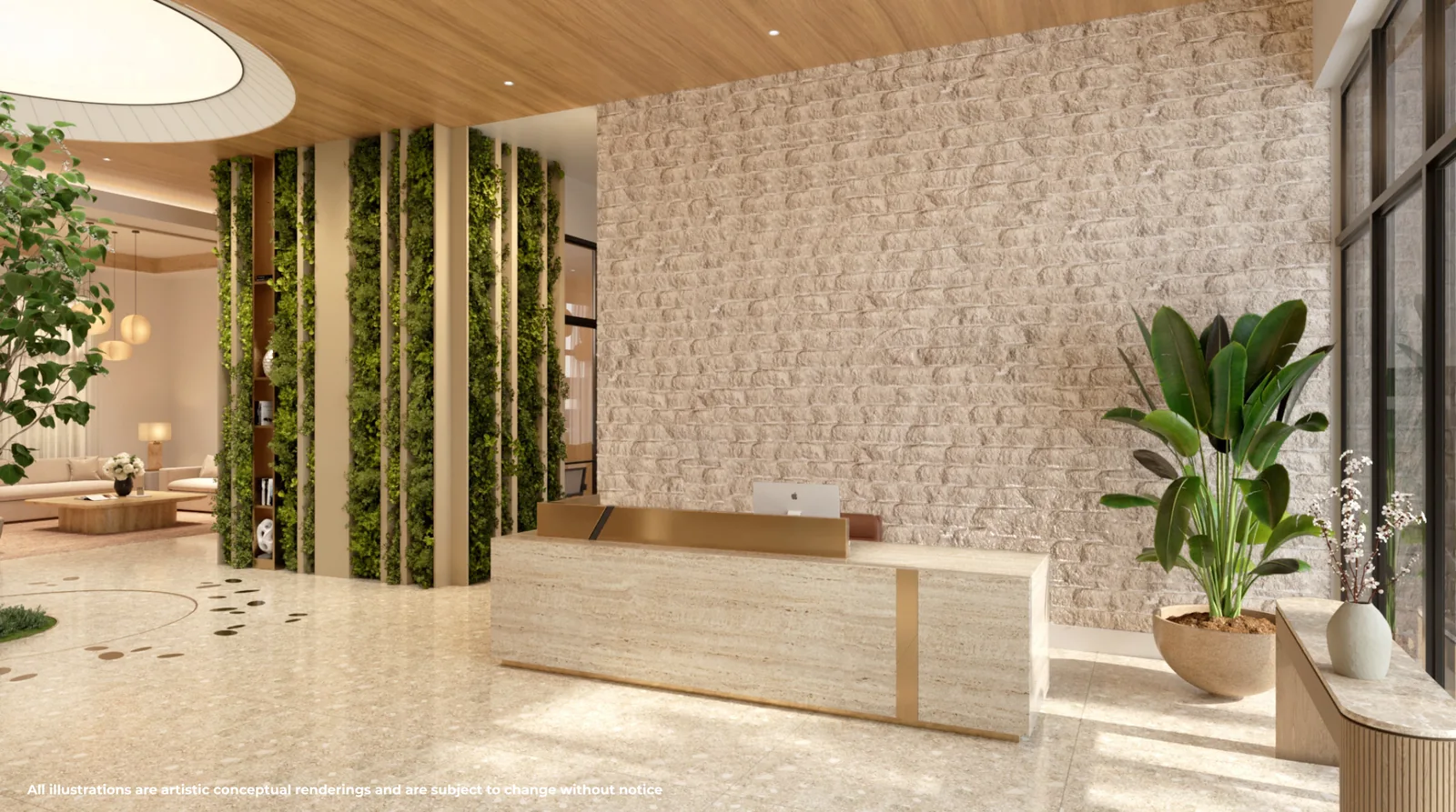 Conceptual rendering of the Gaia Residences lobby and front desk reception with integrated greenery and full-height glazing