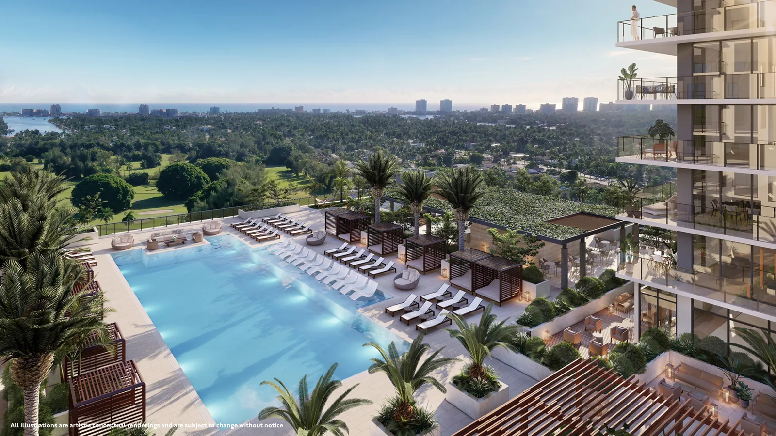 Conceptual rendering of the Gaia Residences pool deck with heated pool, sunshelf, cabanas and surrounding tropical landscaping