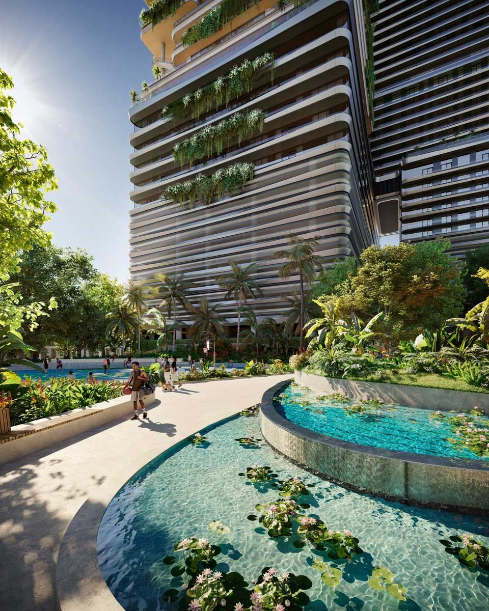 Fuentes con nen&uacute;fares y jardines exuberantes del renovado Southside Park en la base de Mercedes-Benz Places Miami