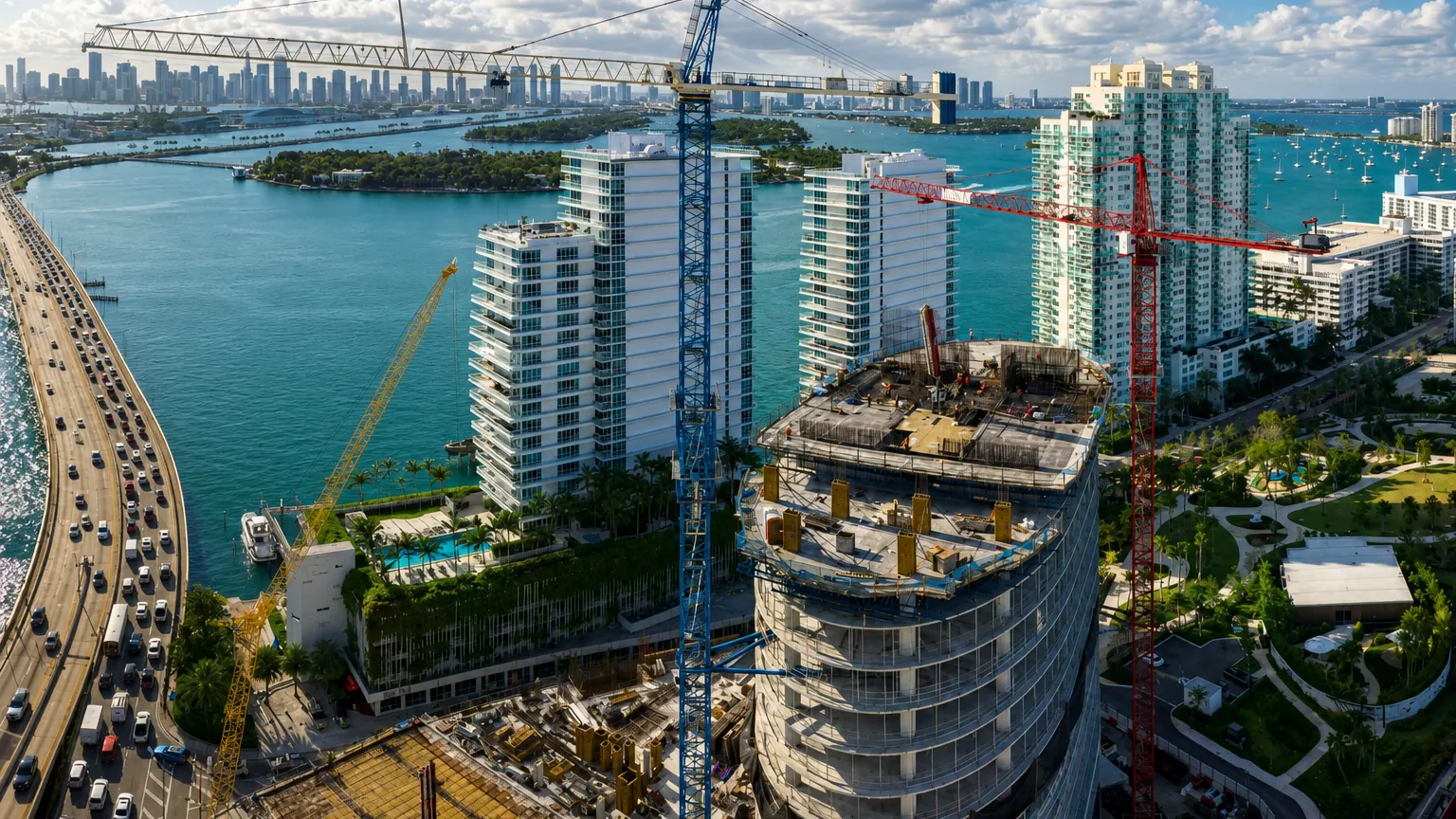 Aerial view of high-rise residential construction with tower cranes on the Biscayne Bay waterfront, with the downtown Miami skyline in the distance