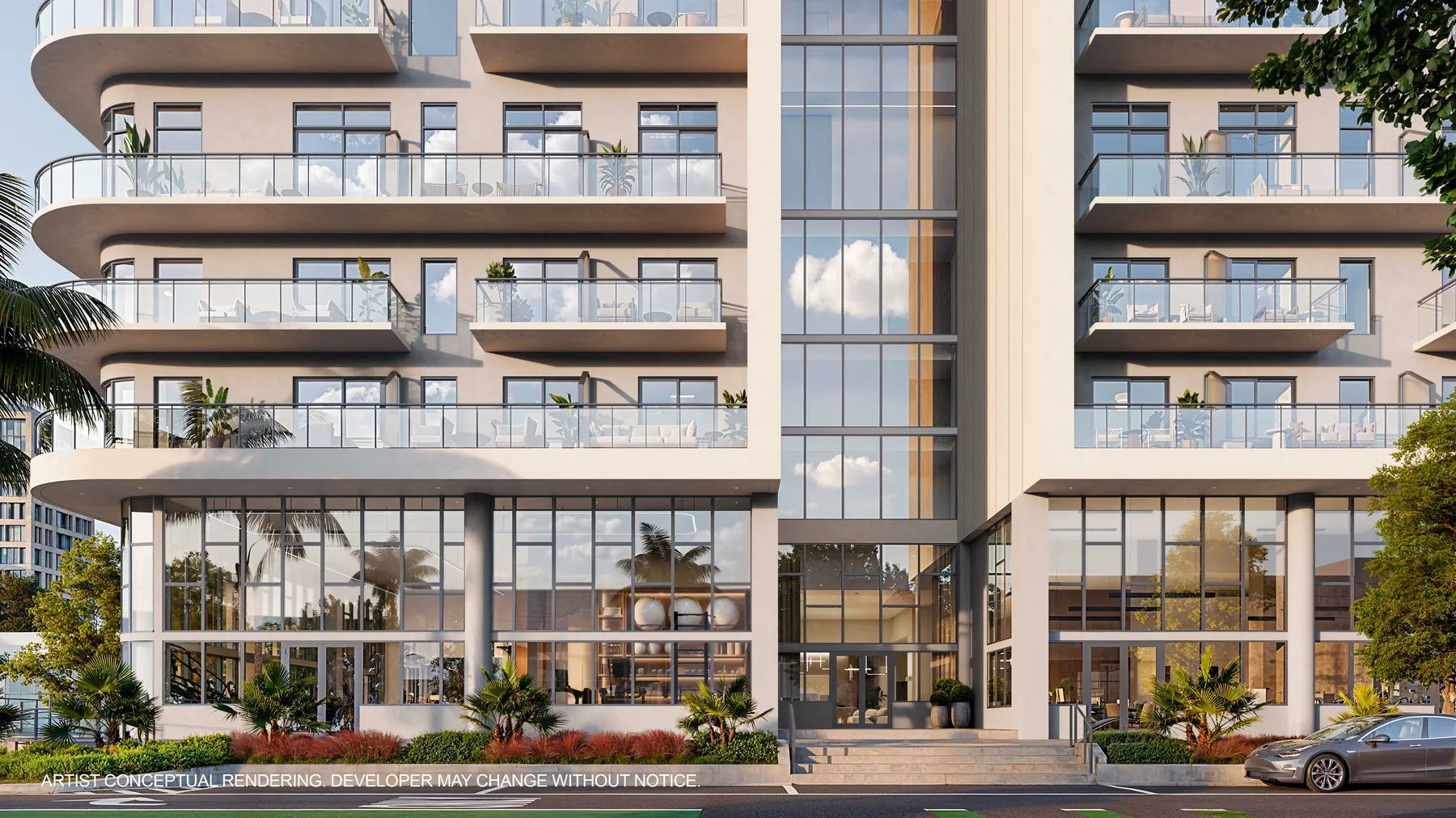 Representaci&oacute;n conceptual del artista de la planta baja de NoBe PARC: frente acristalado hacia la calle con locales comerciales, acera arbolada y los balcones curvos de los niveles residenciales arriba