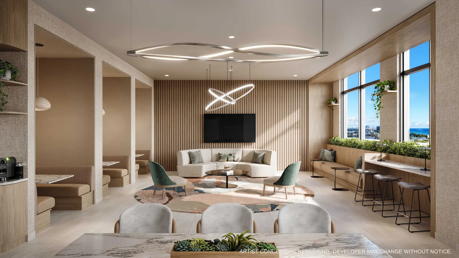 Representaci&oacute;n conceptual del artista del &aacute;rea de co-working y trabajo desde casa en NoBe PARC, con banquetas, mesa comunitaria, barra y paredes de listones de madera