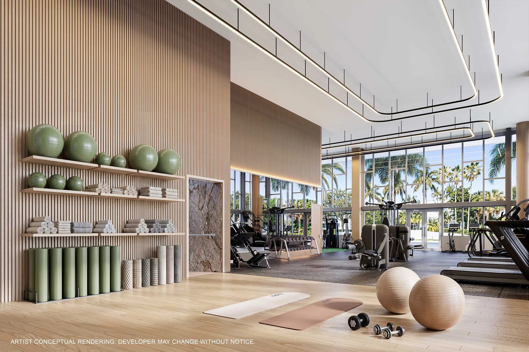 Representaci&oacute;n conceptual del artista del centro de fitness de NoBe PARC: sala de doble altura con paredes de listones de madera, equipos de cardio y fuerza y ventanales de piso a techo hacia las terrazas con vegetaci&oacute;n