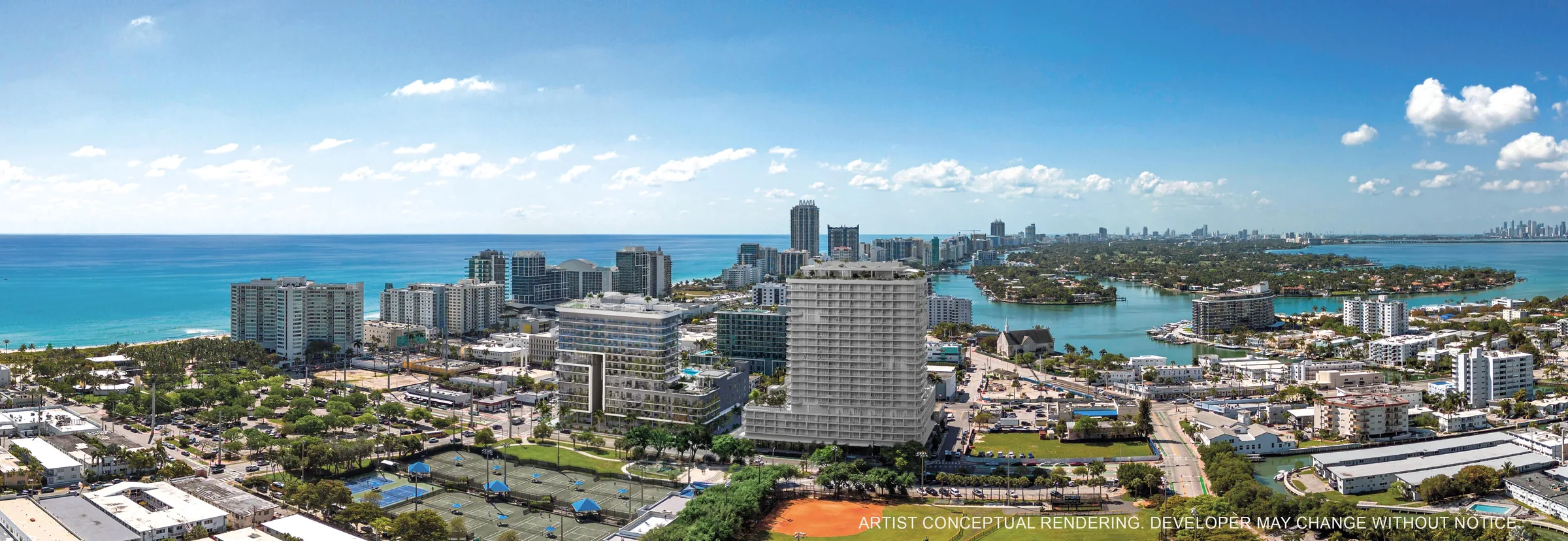 Representaci&oacute;n conceptual del artista con vista a&eacute;rea hacia el sur sobre North Beach: el Atl&aacute;ntico y la playa a la izquierda, la trama de calles bajas y las canchas del parque junto al terreno de NoBe PARC, la bah&iacute;a de Biscayne y Normandy Isle a la derecha, y el skyline de Miami en el horizonte