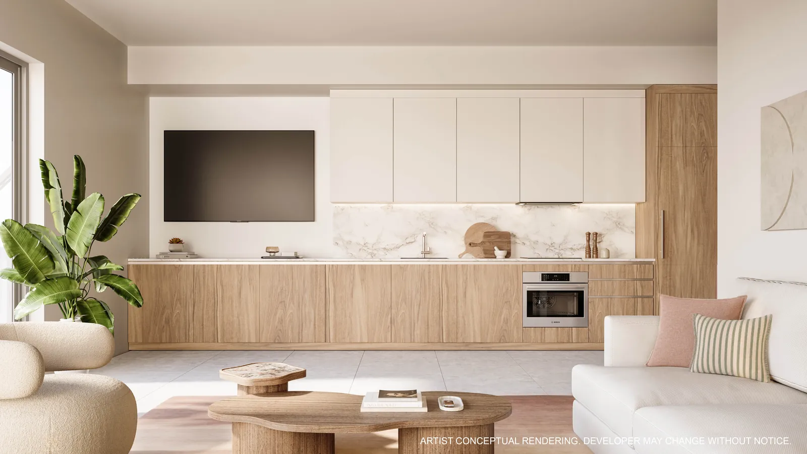 Representaci&oacute;n conceptual del artista de una cocina de NoBe PARC con cabinetry en madera clara y laca, backsplash de piedra, electrodom&eacute;sticos integrados y un &aacute;rea de estar contigua