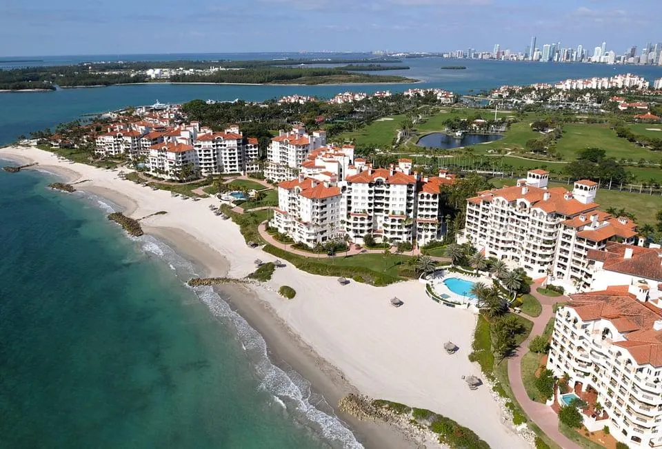 Oceanside condominium residences along the beachfront at Fisher Island