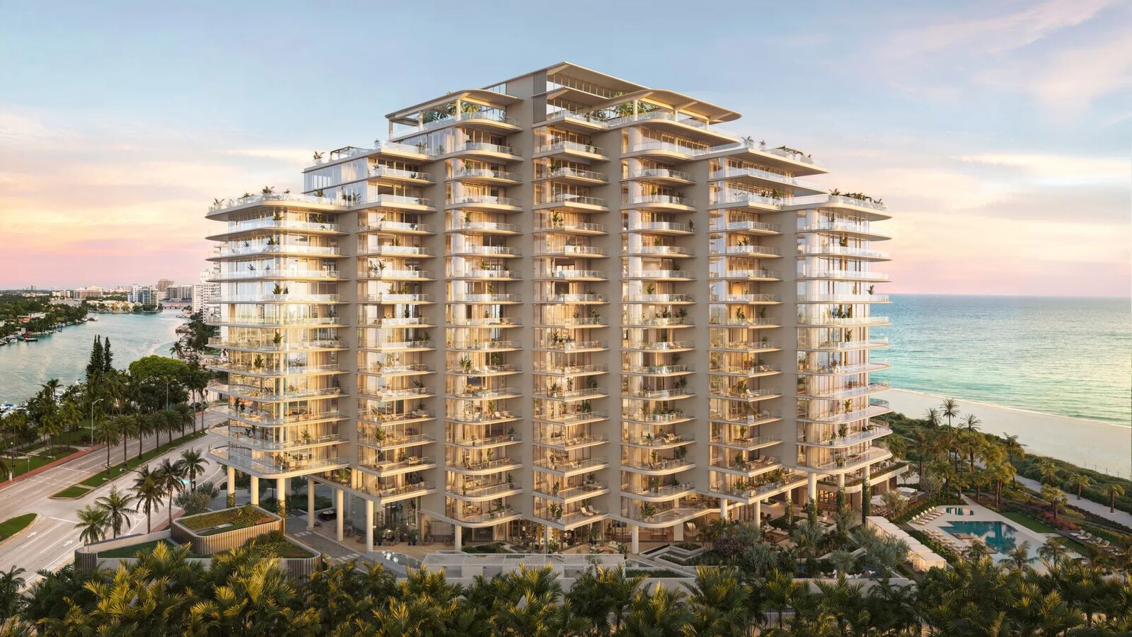 Torre de forma de diamante de OMA en The Perigon Miami Beach iluminada al atardecer entre Indian Creek y el oc&eacute;ano Atl&aacute;ntico