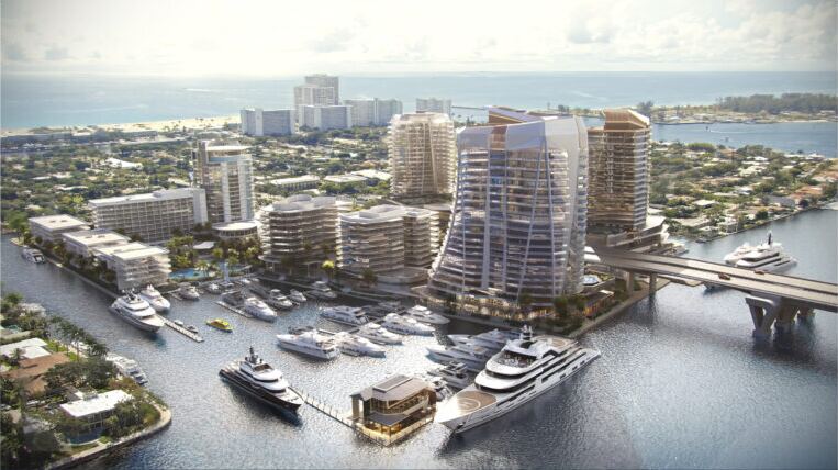 Aerial of The Residences at Pier Sixty-Six with new towers rising over the superyacht marina in Fort Lauderdale