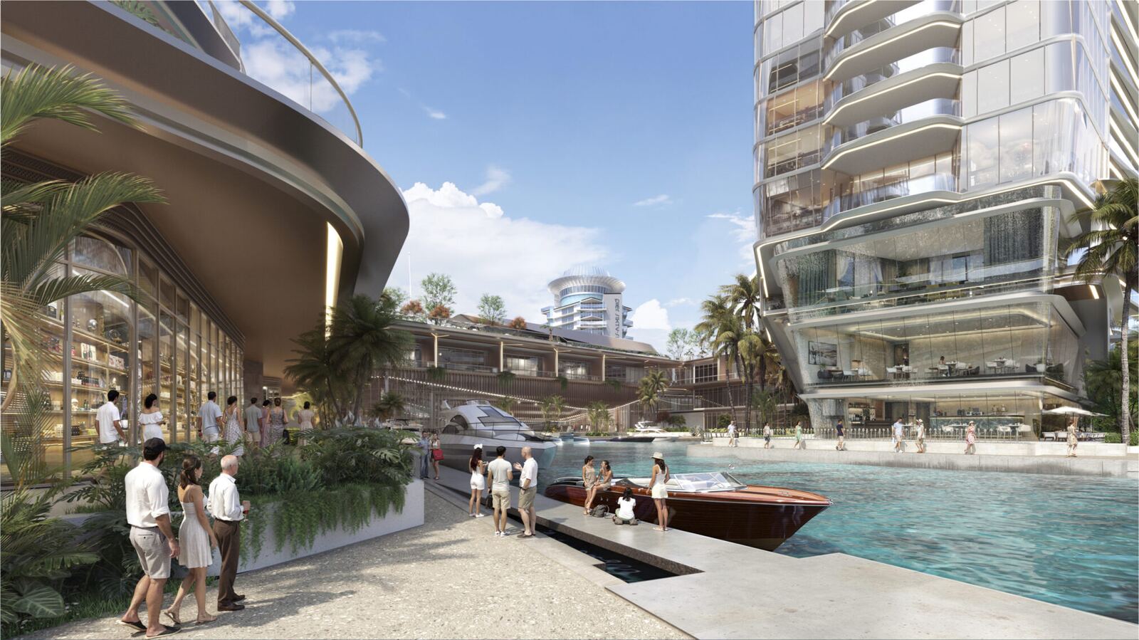 Waterfront promenade with boutiques and docked boats between the Phase II residence towers at Pier Sixty-Six Fort Lauderdale