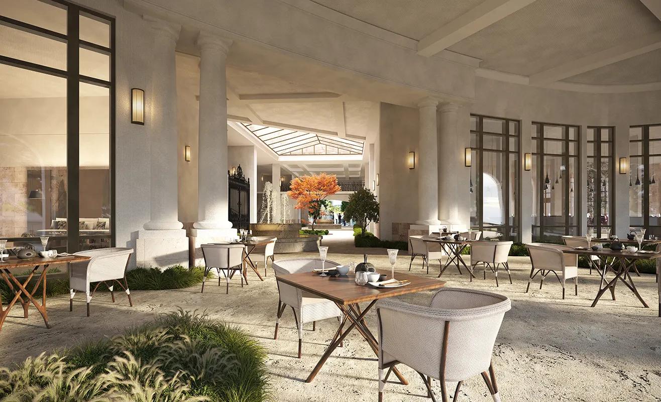 Render de una loggia de comedor al aire libre con columnas y una fuente en Ponce Park Residences, Coral Gables