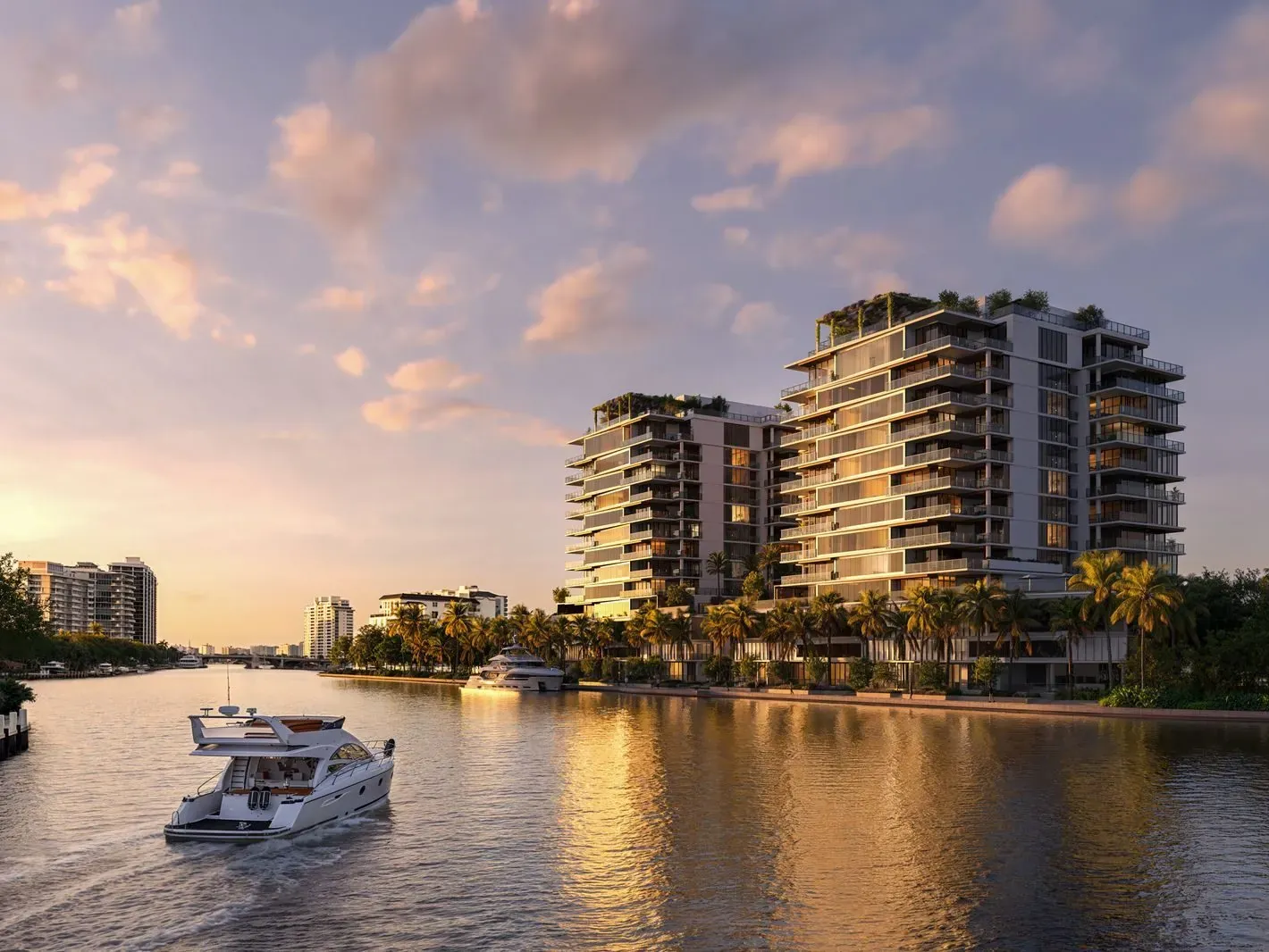 Palm-lined arrival entrance rendering between the two towers of The Ritz-Carlton Residences Fort Lauderdale Beach at 551 Bayshore Drive