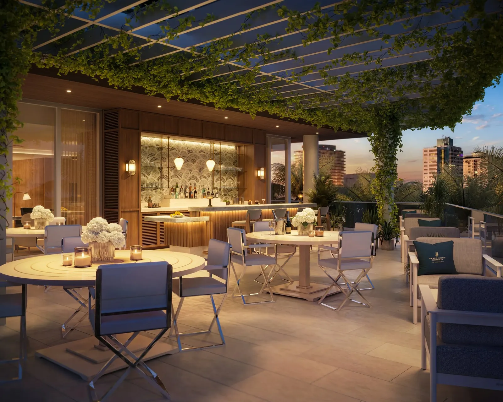 Rendering of The Ritz-Carlton Residences Fort Lauderdale Beach dual-tower waterfront development at 551 Bayshore Drive at sunset along the Intracoastal Waterway